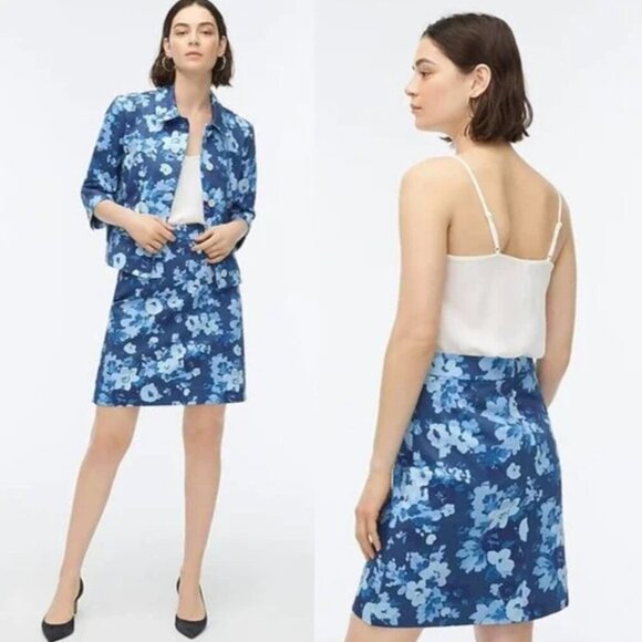 J. Crew Blue Watercolor Begonias Floral Pencil Skirt 2 - Picture 1 of 5